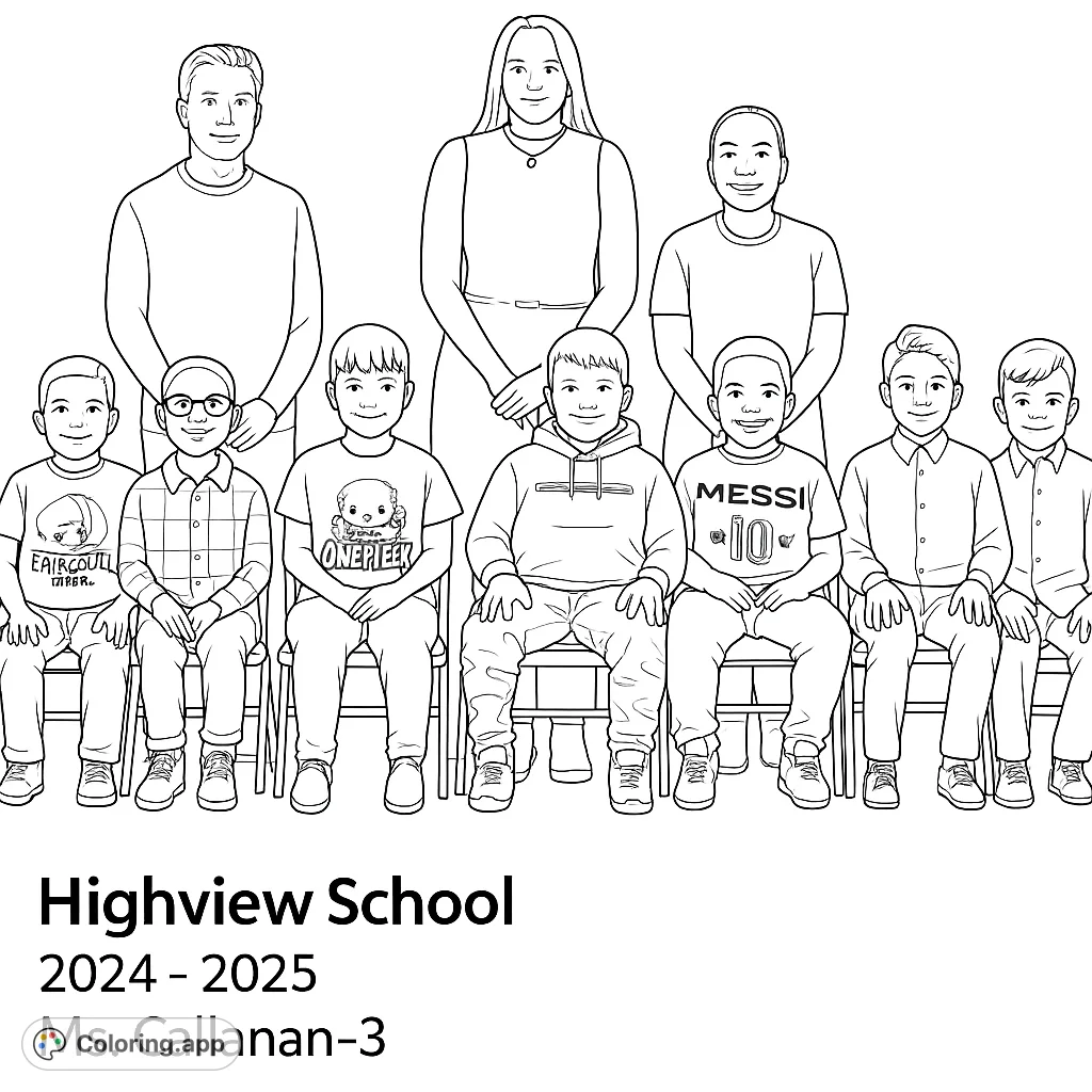 A charming school class portrait coloring page featuring three adults and seven children, perfect for personalizing with vibrant colors. Free printable coloring page.