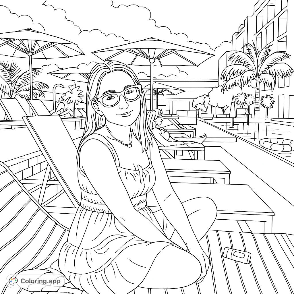 Enjoy a relaxing poolside resort coloring page featuring a smiling woman, lounge chairs, umbrellas, and palm trees. A free printable vacation scene for all ages.