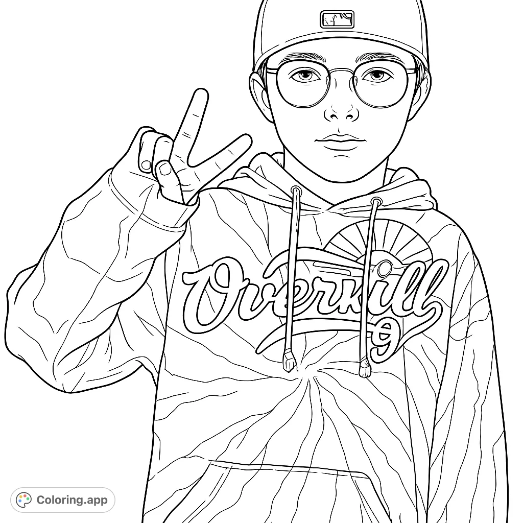 Young person in a stylish hoodie and cap, making a peace sign. Features a cool tie-dye pattern.