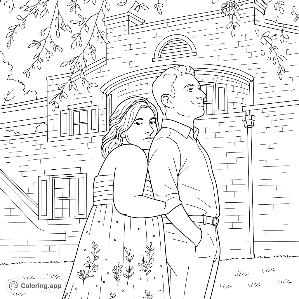 A beautiful couple stands embraced before a detailed brick house, surrounded by nature. A romantic and peaceful scene for coloring.