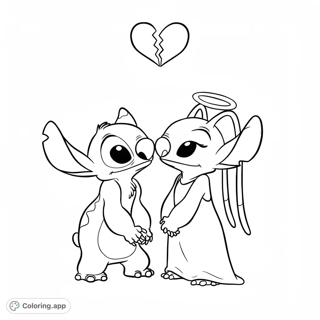 Stitch and Angel coloring page. Features the adorable Disney duo from Lilo & Stitch, standing together with a broken heart.