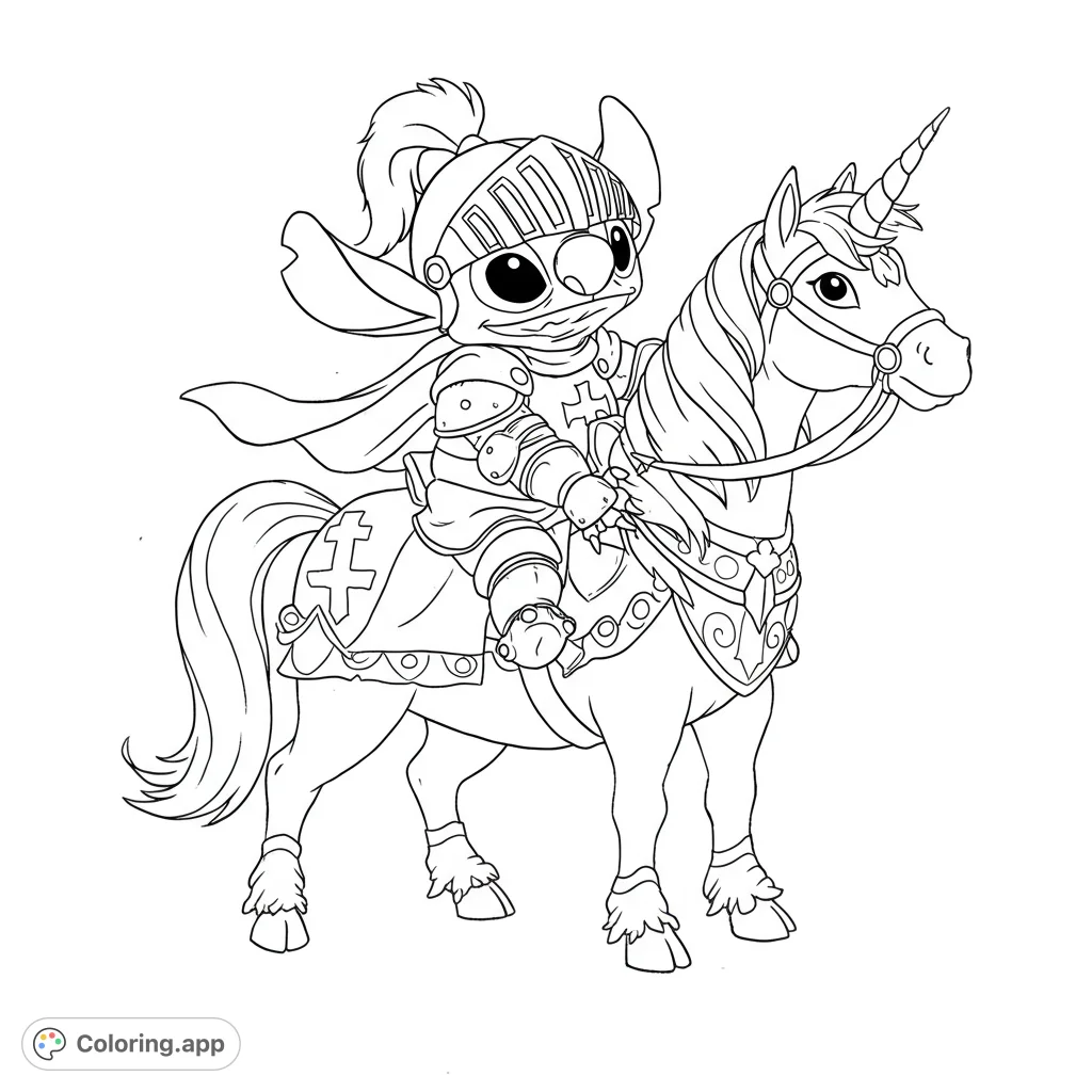 Join Stitch, the heroic knight, on his noble unicorn steed! A charming fantasy adventure coloring page for all ages.