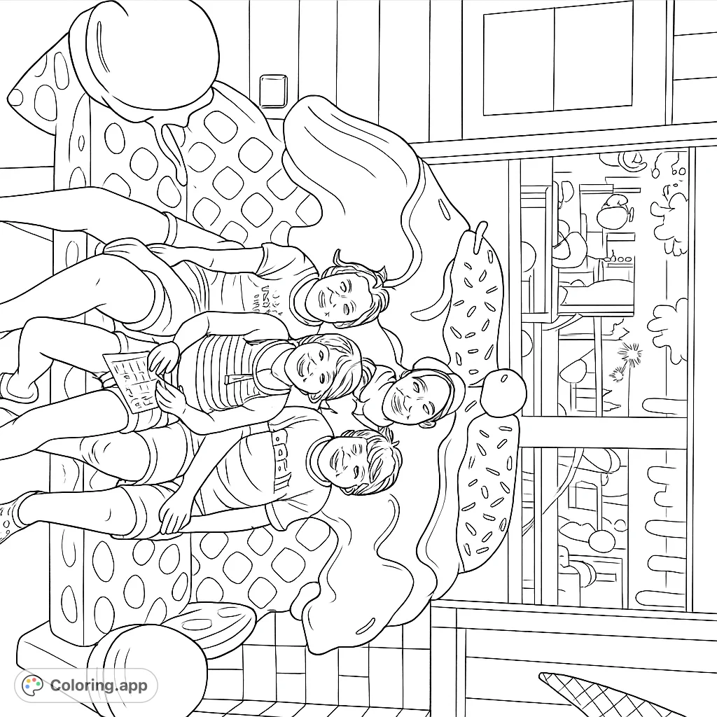 Four happy kids lounge on a giant melting ice cream sundae with sprinkles, surrounded by delicious desserts. A sweet, playful coloring page.