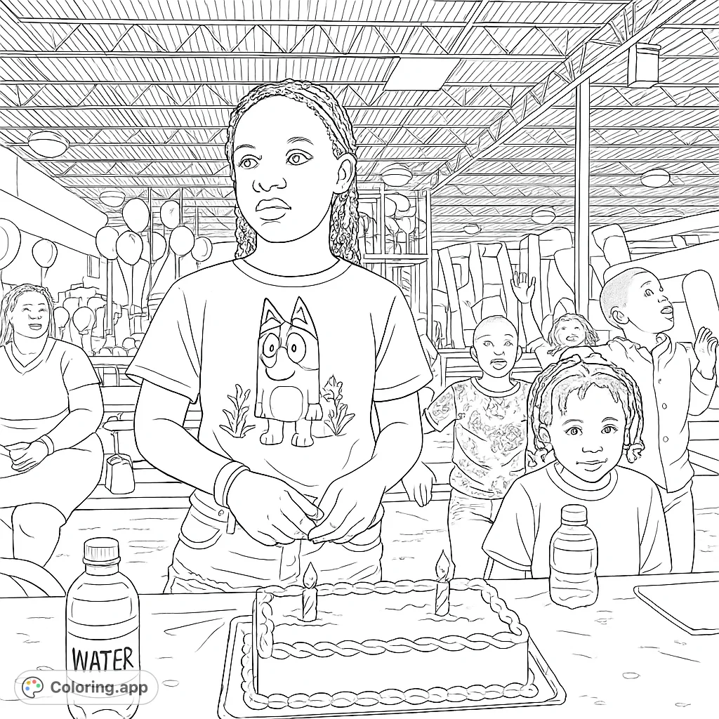 Celebrate with this fun birthday party coloring page! Features kids, cake, and balloons in a lively indoor setting.