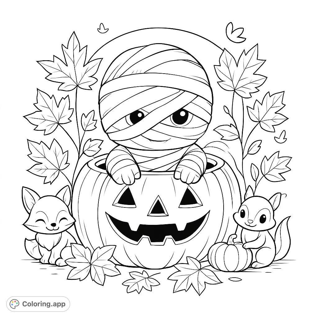 A delightful Halloween coloring page featuring a cute mummy in a jack-o'-lantern, surrounded by autumn leaves, a fox, and a squirrel. Perfect for festive fun!