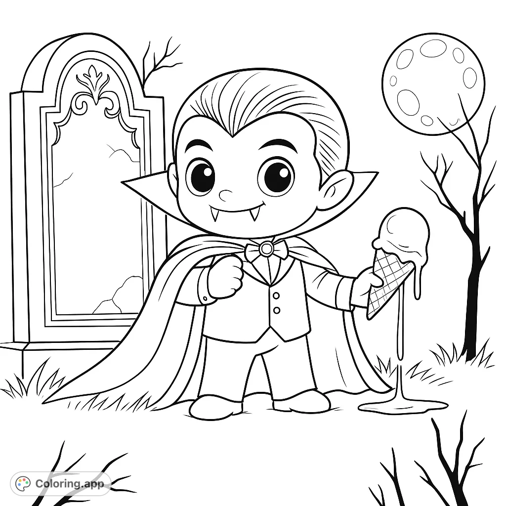A charming chibi vampire enjoys a melting ice cream cone in a spooky graveyard, perfect for a fun Halloween coloring page adventure.