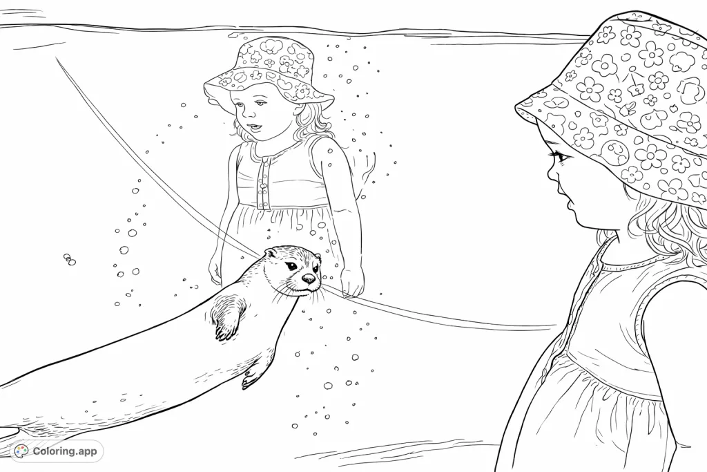 A charming scene of a child in a floral hat observing an otter swimming in its enclosure, perfect for an animal adventure.