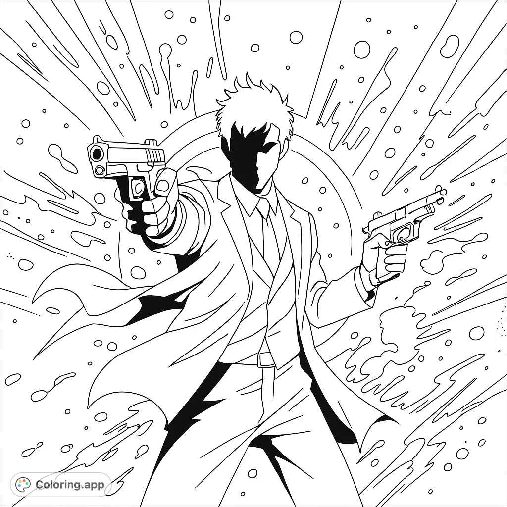Dynamic agent in a trench coat, dual-wielding pistols amidst an explosive background. An action-packed coloring page for thrilling creativity.