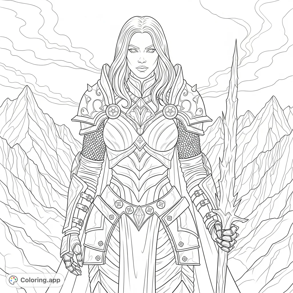 A powerful frozen knight, a female warrior in detailed armor, stands with a crystalline icicle weapon. Her long hair and glowing eyes add to her formidable presence.