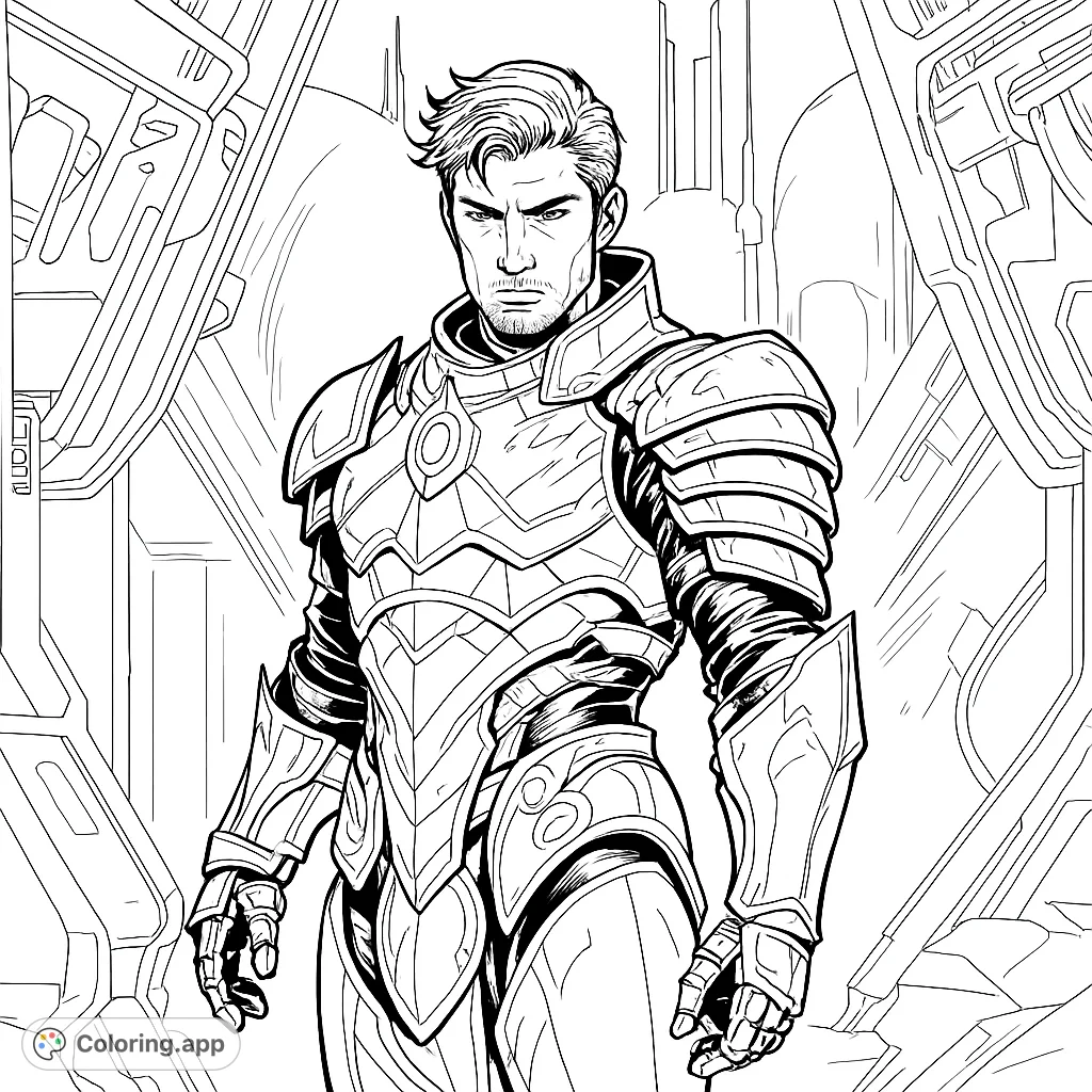 An imposing futuristic warrior in detailed armor stands against a backdrop of towering structures. A challenging sci-fi coloring page for enthusiasts.