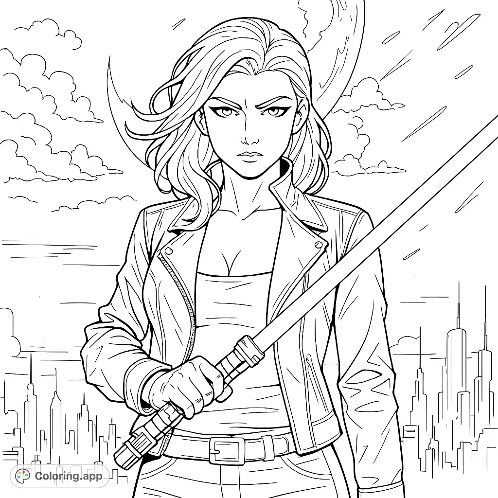 A determined futuristic warrior stands before a sprawling city and cosmic sky, wielding a powerful glowing weapon. Engage in an epic coloring adventure with this strong heroine.