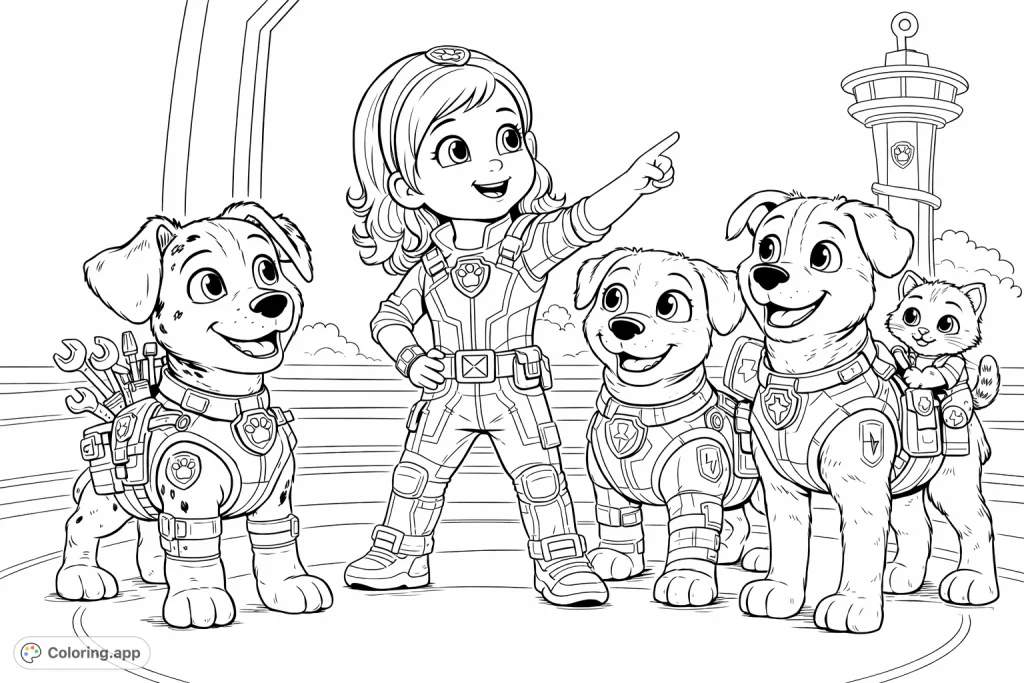 A young hero leads her pup and kitten team on an adventure, ready for action in their futuristic gear in this exciting coloring page.