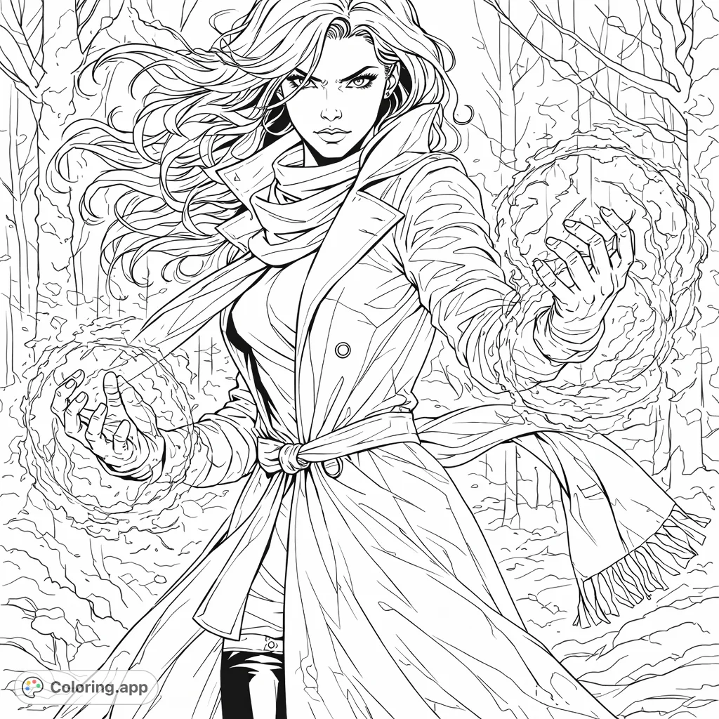 Unleash your creativity with this dynamic coloring page featuring a powerful sorceress amidst a snowy forest, channeling mystic energy from her hands. Perfect for fantasy fans!