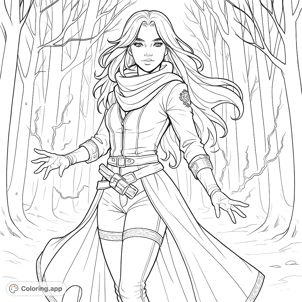 A powerful sorceress stands in a snowy forest, hands extended with emanating energy. A captivating fantasy coloring page for all ages.