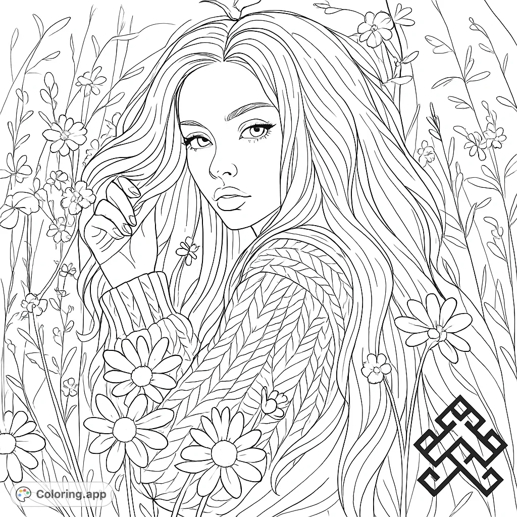 A beautiful girl with flowing hair amidst a field of wildflowers. Perfect for nature lovers and those seeking a serene coloring experience.