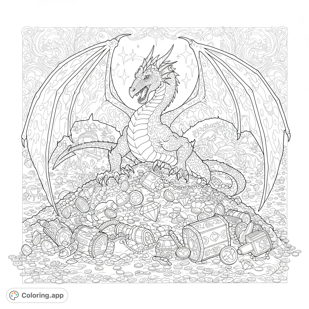 Majestic dragon guarding treasure! Detailed black and white line art coloring page.