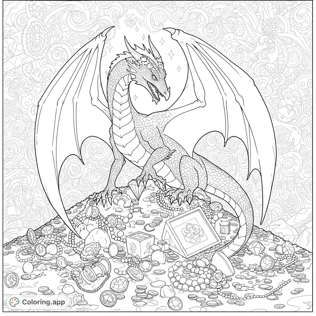 Intricate dragon guarding treasure! This detailed black and white line art coloring page features a majestic dragon, gold, and jewels.