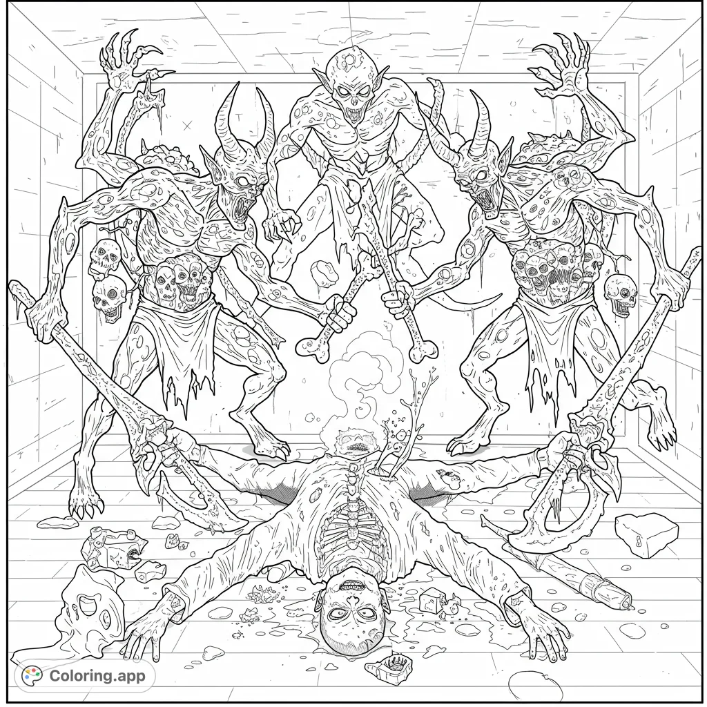 Intense demonic ritual coloring page. Four grotesque monsters surround a splayed figure in a dungeon.
