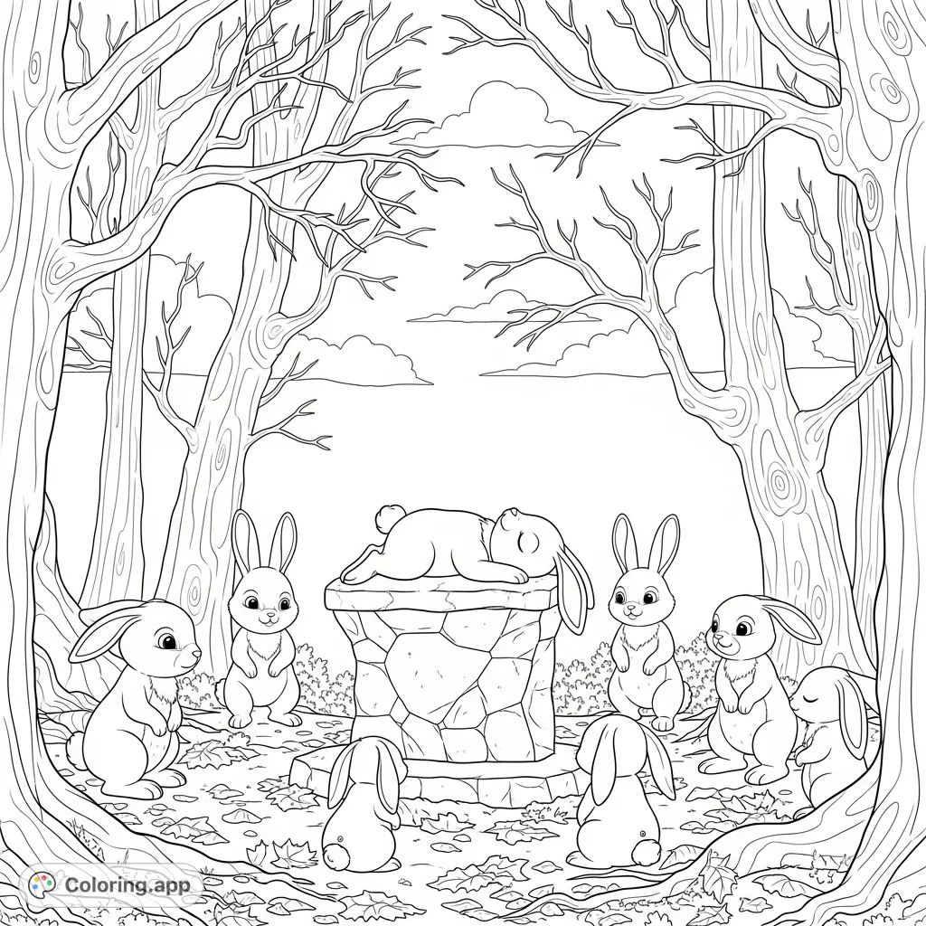 A solemn cartoon bunny lies on a stone altar, encircled by six observing bunnies in a desolate forest of gnarled, bare trees. A unique, thought-provoking scene.
