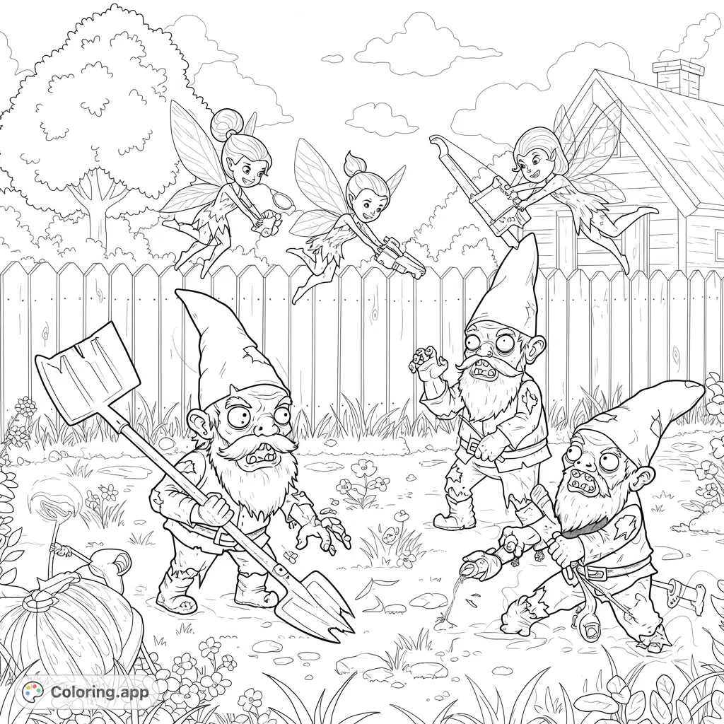An epic garden battle unfolds between three determined fairies and three zombie gnomes. A whimsical, action-packed free printable coloring page for kids and adults.