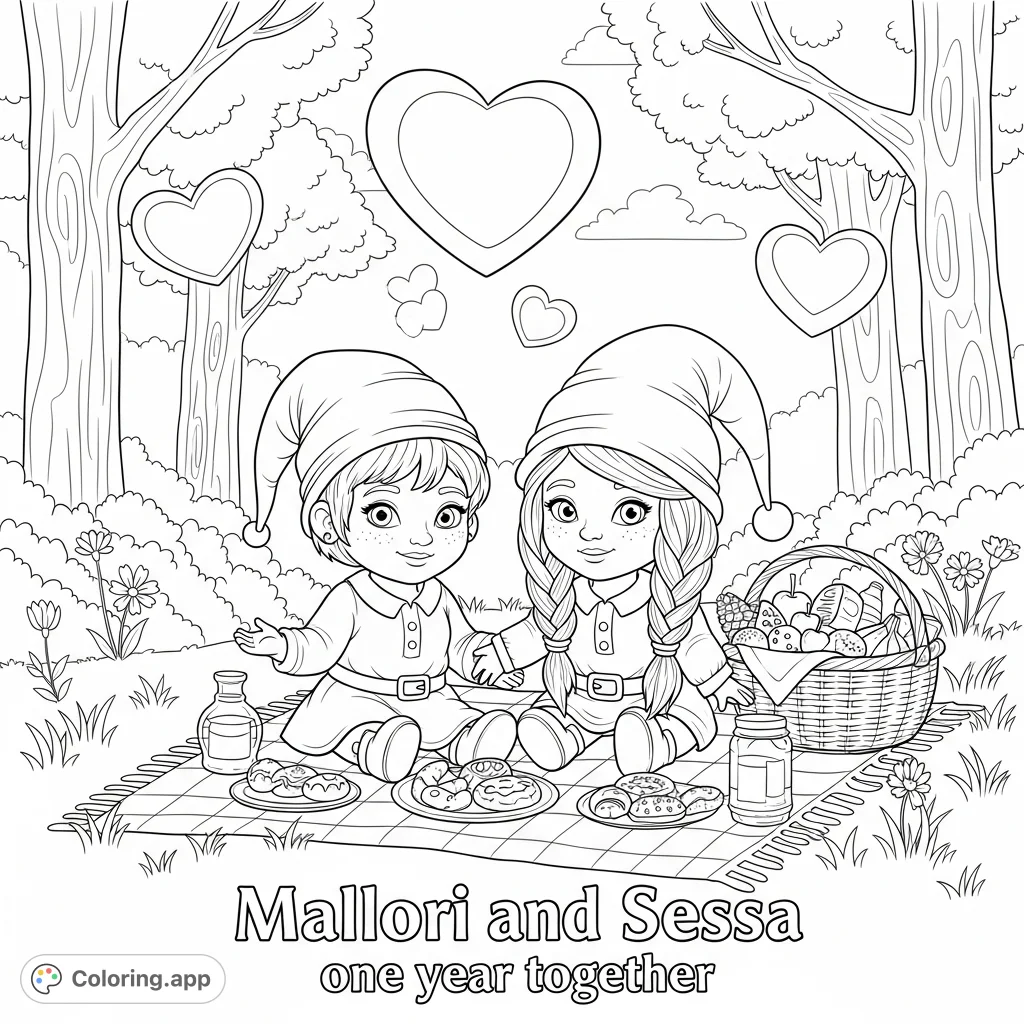 A heartwarming gnome picnic featuring Mallori and Sessa, surrounded by hearts in a park setting, celebrating their one year together. A delightful scene.