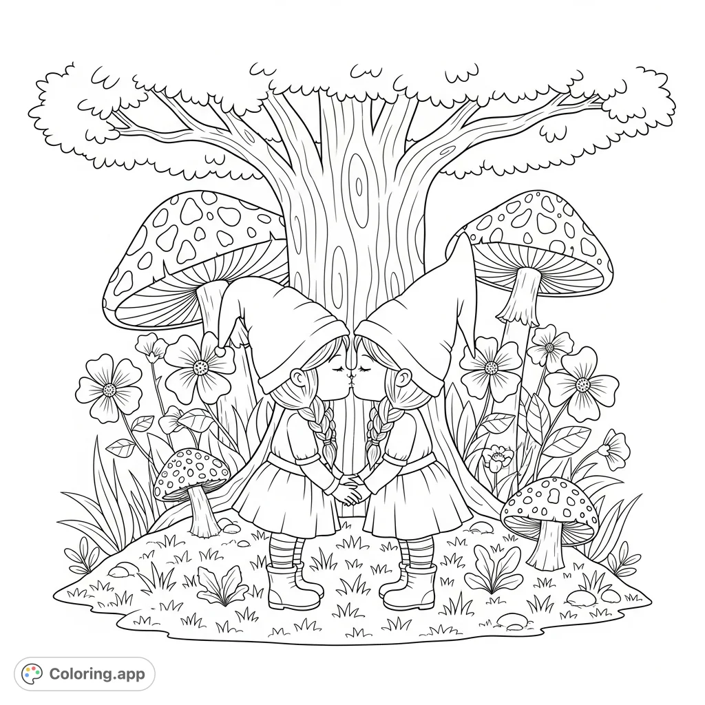 Two charming female gnomes share a tender kiss under a whimsical garden tree, surrounded by delightful flora and fauna, perfect for a romantic coloring page.