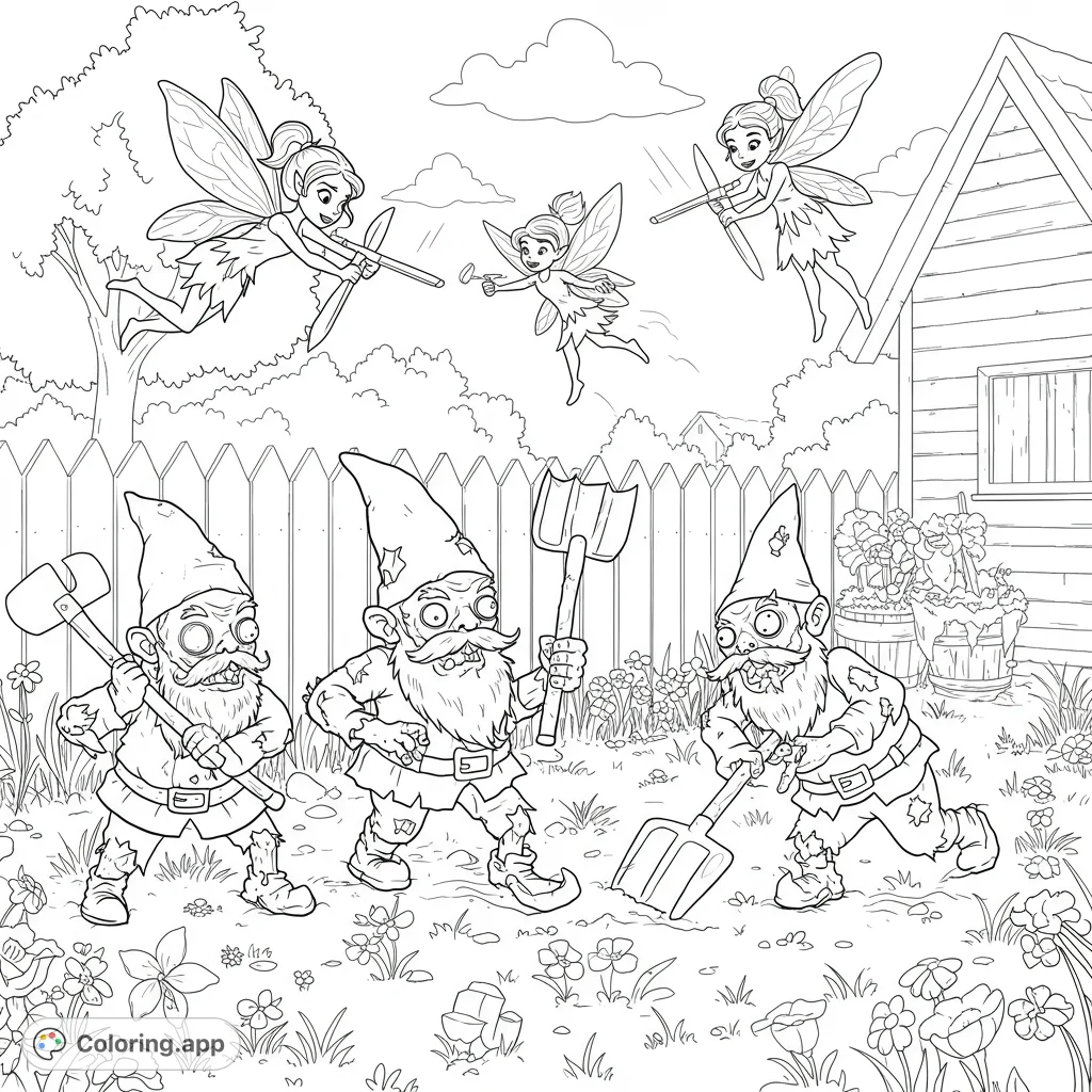 Epic garden showdown! Zombie gnomes with tools face off against flying fairies with bows and wands.