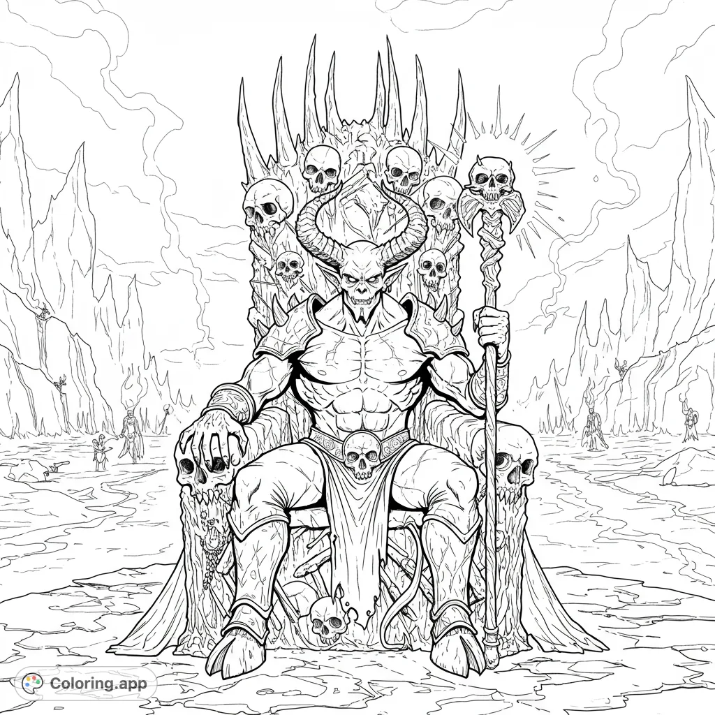 A powerful demon on a bone throne, staff in hand, against a fiery hellscape with smaller demons. A detailed infernal coloring page.