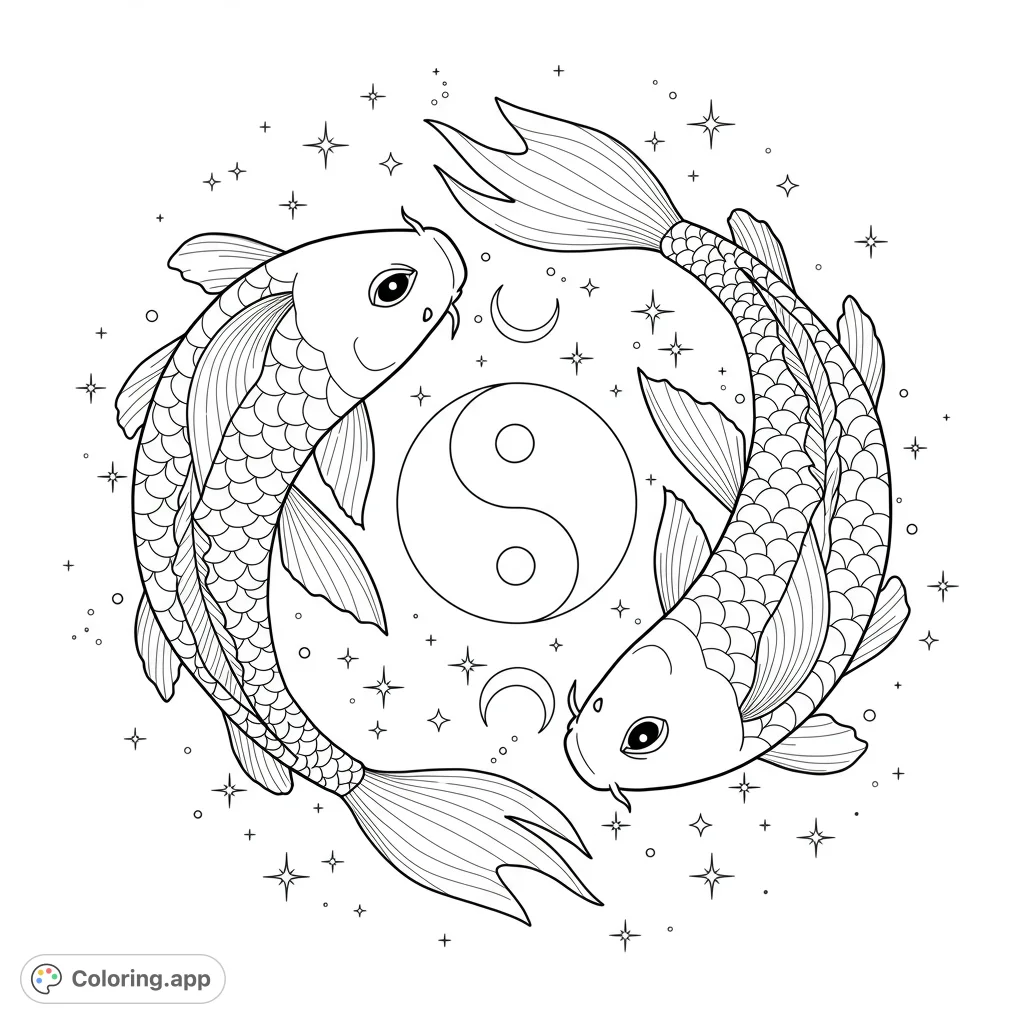 Discover harmony with two detailed koi fish forming a yin yang, set against a celestial backdrop of stars and a crescent moon. A serene, symbolic design.