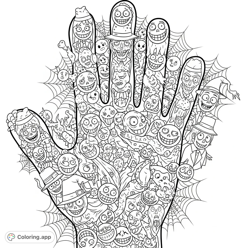 Explore a macabre hand shape filled with decaying body parts and sinister happy faces. A detailed, creepy doodle coloring page for adults.
