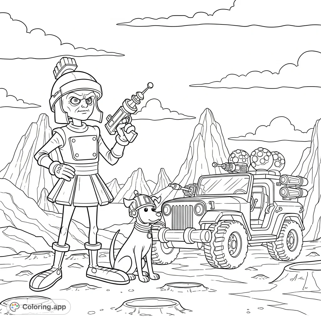 Join Marvin the Martian and K-9 on an epic Martian adventure! Color their armored vehicle and the dramatic alien landscape in this engaging coloring page.