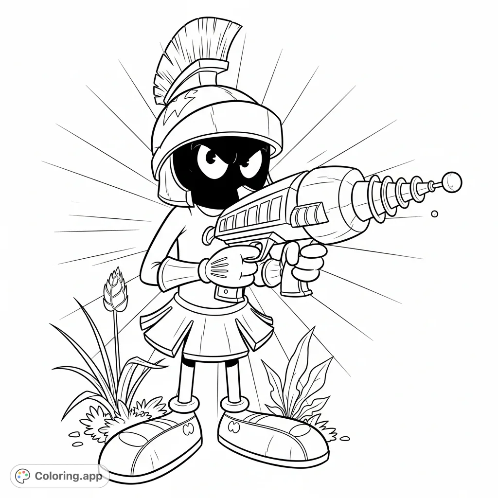 An iconic Looney Tunes Marvin the Martian coloring page, featuring him holding his classic ray gun. Perfect for fans of animated space adventures!