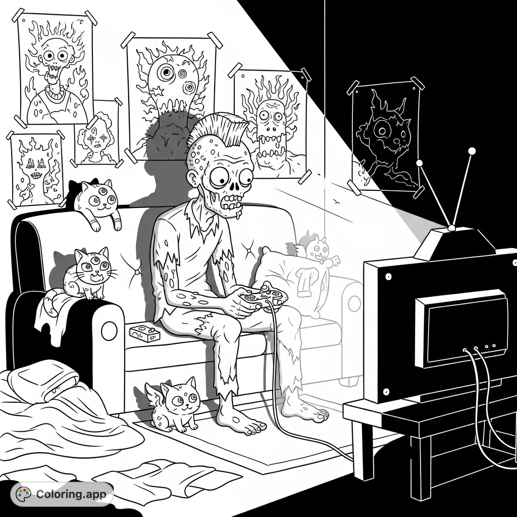 A creepy Mohawk zombie engrossed in a video game, controller in hand, in a dimly lit bedroom with posters and laundry. A unique zombie coloring page.