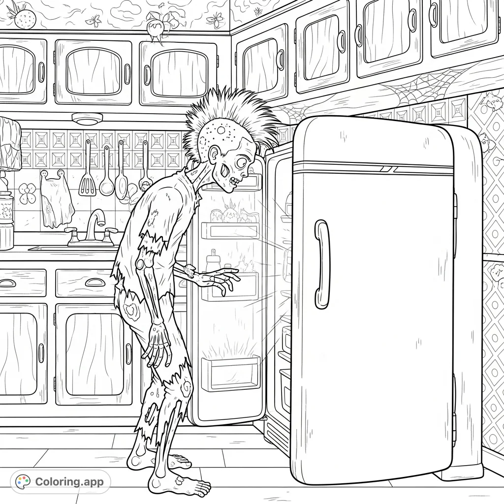 Explore a macabre scene featuring a teen-age zombie with a mohawk, decaying and illuminated by a vintage 1950s refrigerator in an old kitchen.