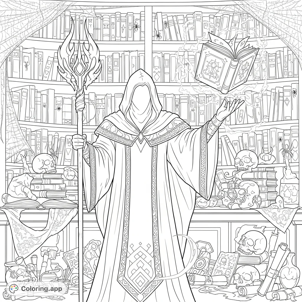 Unleash your creativity with this detailed dark wizard coloring page. Features a wizard, floating spell book, and a study filled with skulls and webs.