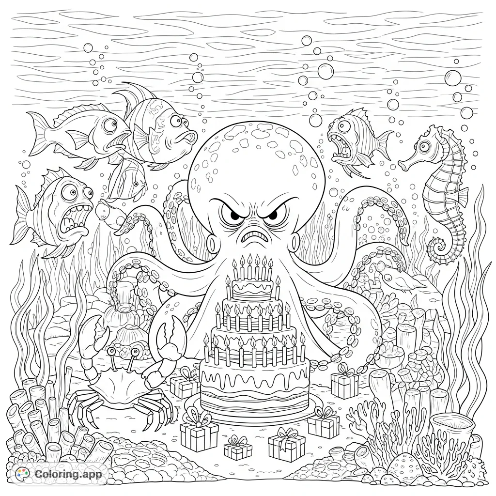 Dive into an epic underwater birthday party where a huge, mean-looking octopus celebrates amidst terrified fish and deep-sea creatures. A fun, detailed coloring page!