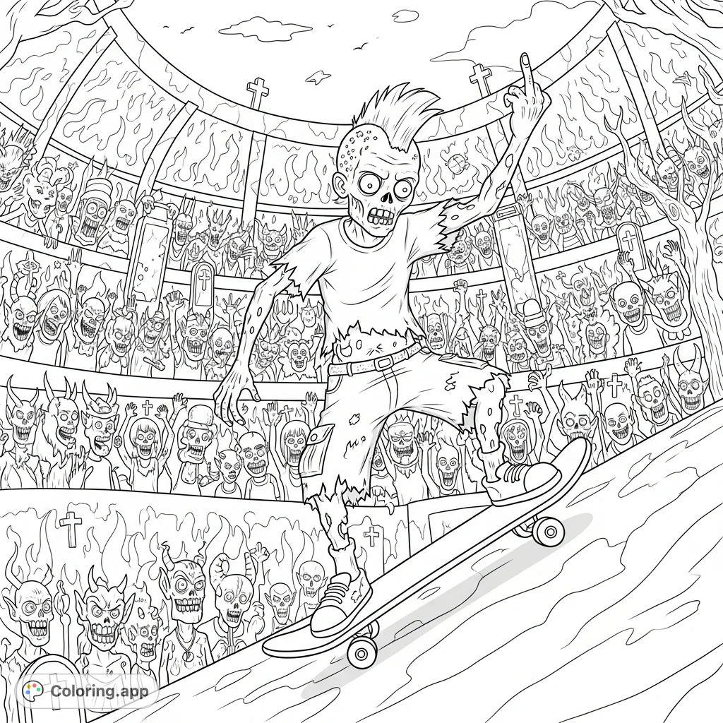 A radical teenage zombie with a Mohawk and 90s stoner attire performs a daring skateboard trick in a hellish stadium, cheered on by demons and ghouls.