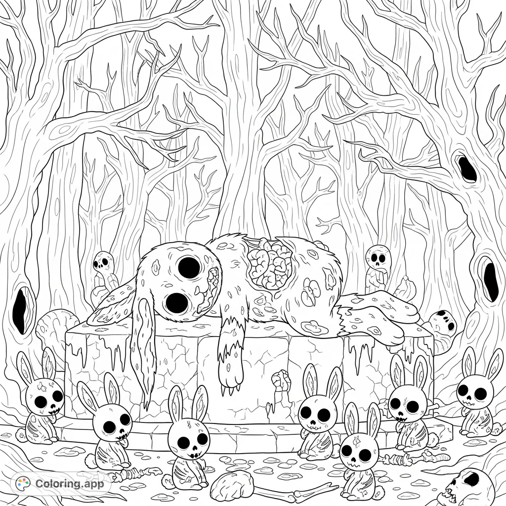 A chilling zombie bunny sacrifice scene unfolds on a stone altar, surrounded by undead bunnies and gnarled trees in a haunted forest. A dark, intricate coloring page.