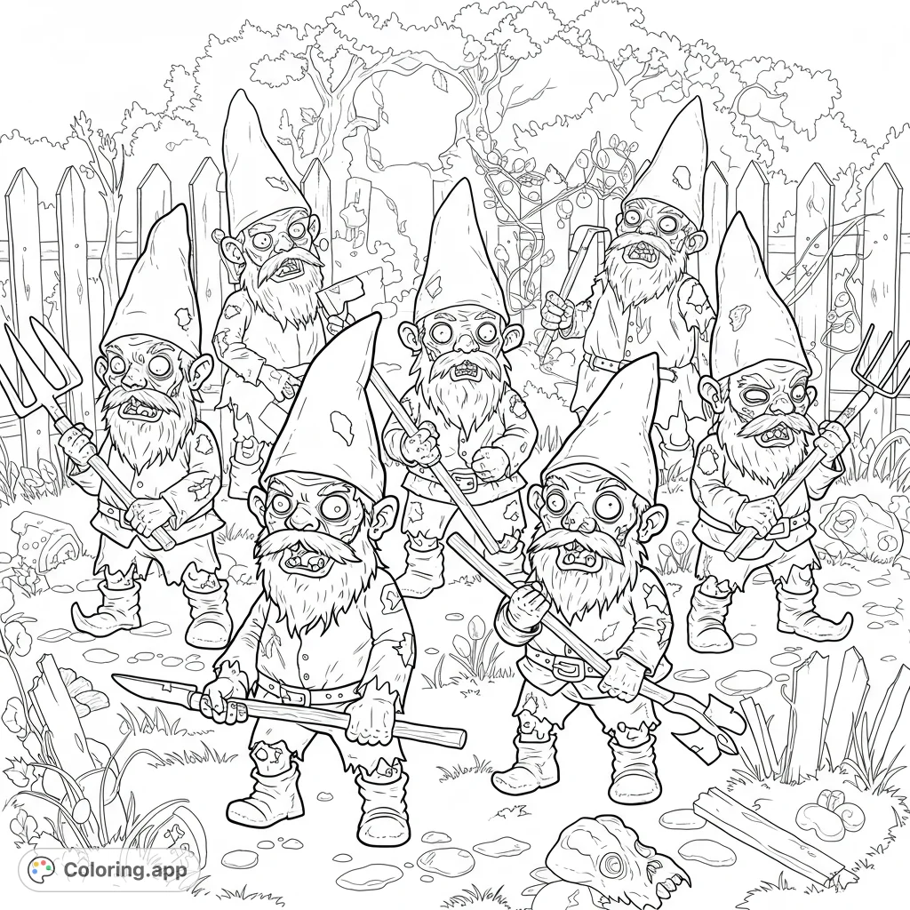 Unleash your creativity with a unique zombie garden gnomes coloring page! Six detailed gnomes prepare for battle with gardening tools in an overgrown garden.