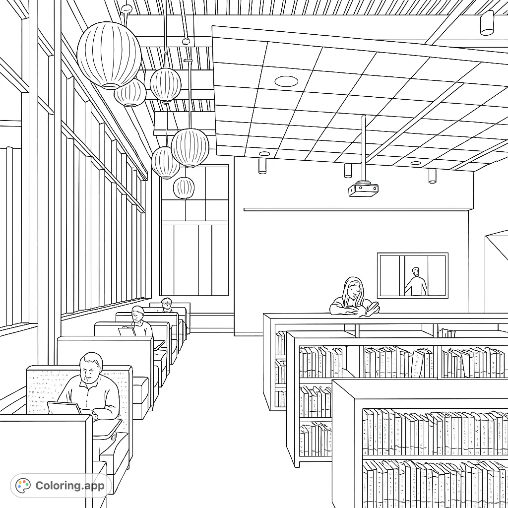 Explore a modern library coloring page with students reading and bookshelves. A free printable coloring page for quiet study scenes.
