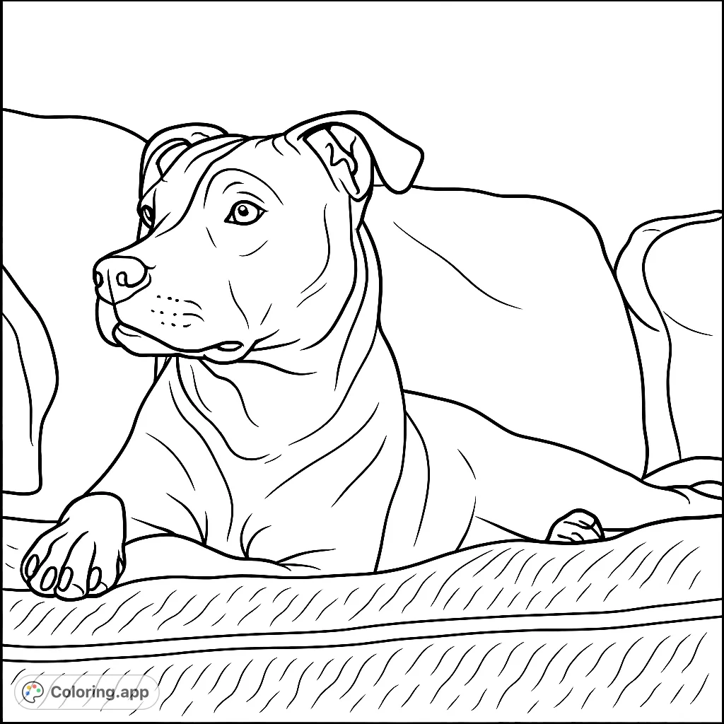 A charming Pitbull dog rests on a textured couch, perfect for a relaxing dog coloring page. Free printable coloring page for all ages.