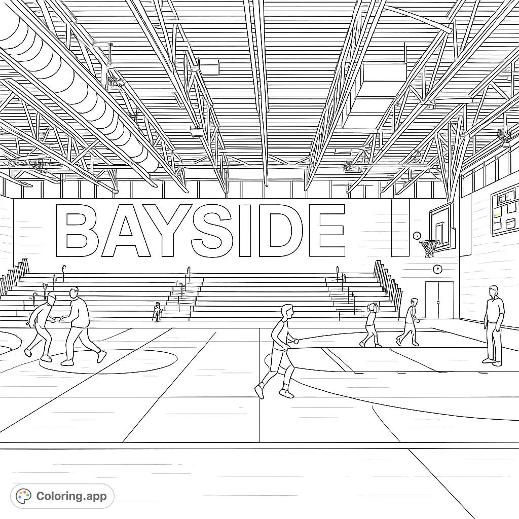 Step onto the court! A dynamic basketball gym scene with players, bleachers, and detailed architecture.