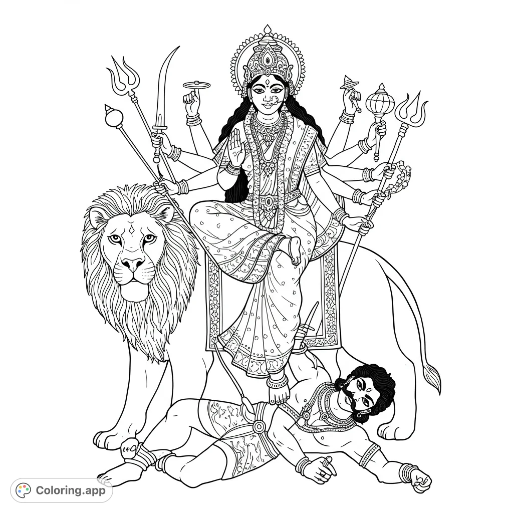 Majestic Goddess Durga, multi-armed and adorned, rides her powerful lion, triumphing over evil. A detailed Hindu mythology coloring page.