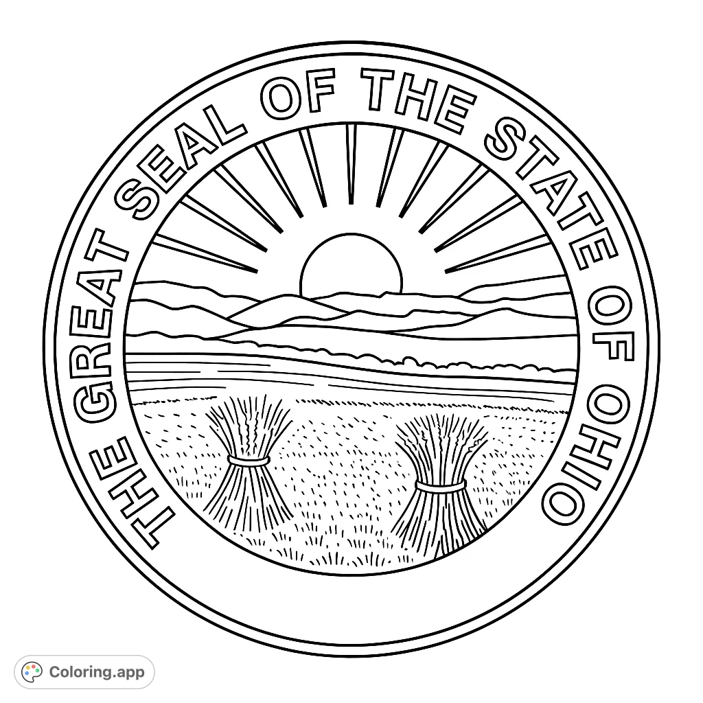 A detailed Ohio state seal coloring page featuring a sunrise over rolling hills and wheat fields. Perfect for history and geography enthusiasts.