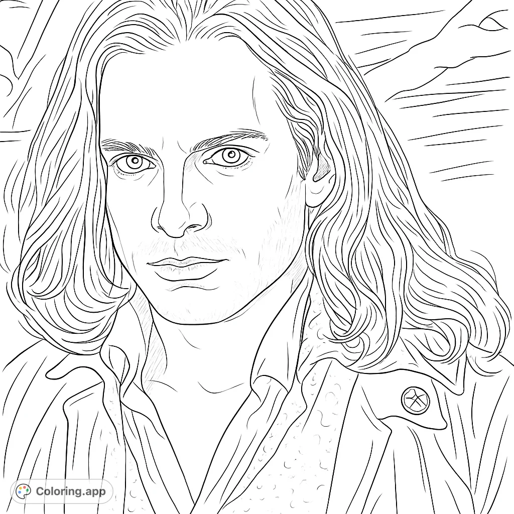 A striking portrait of a man with long, flowing hair and an intense gaze, perfect for detailed coloring and artistic expression.