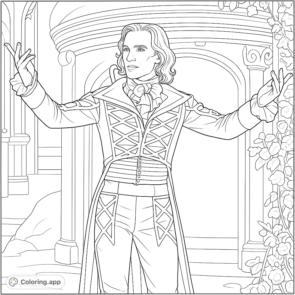 A captivating regal figure in ornate attire stands with outstretched arms amidst a grand archway and lush vines, ready for vibrant coloring.