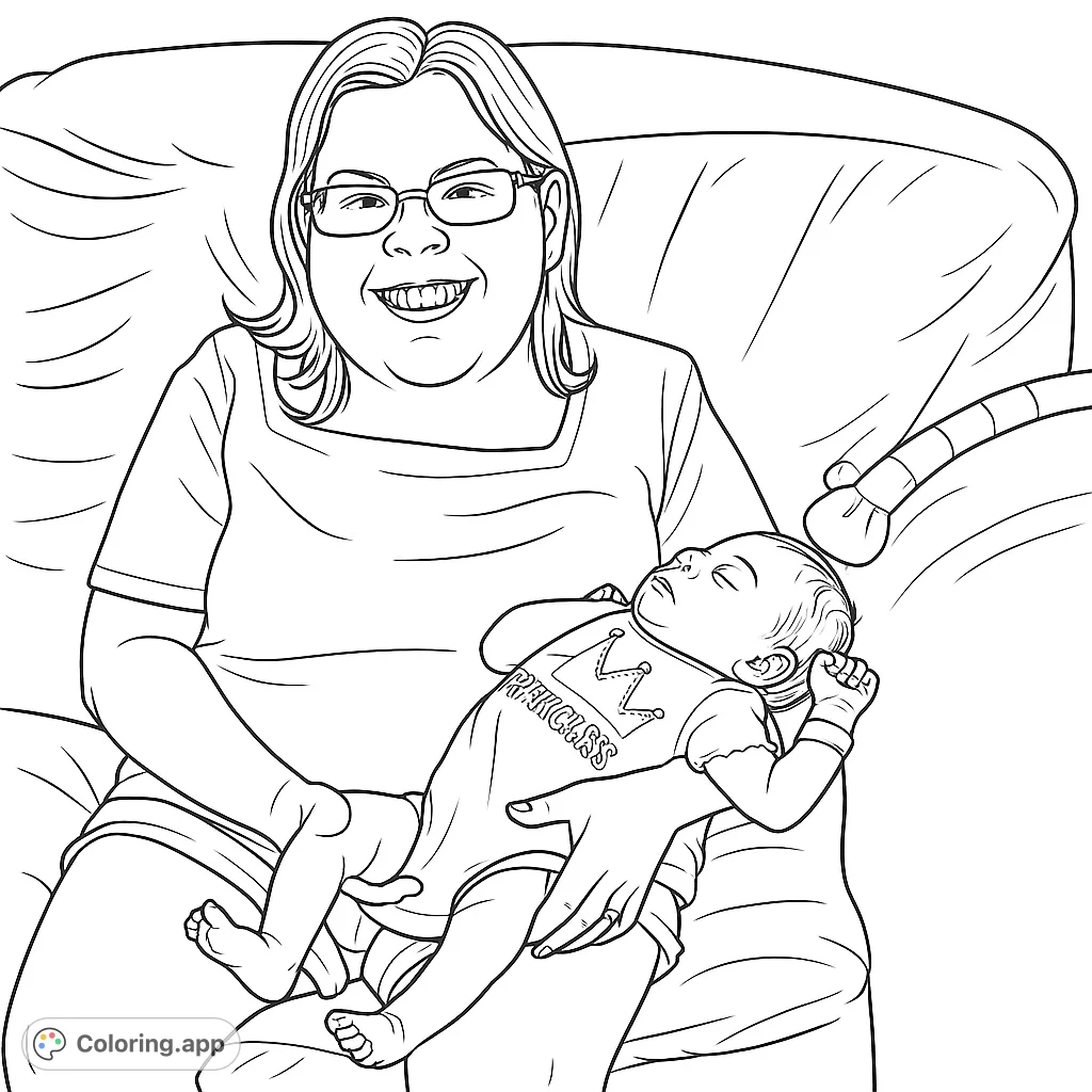 A heartwarming mother and baby coloring page, capturing a tender moment of a smiling woman holding her sleeping newborn. Perfect for family themes.