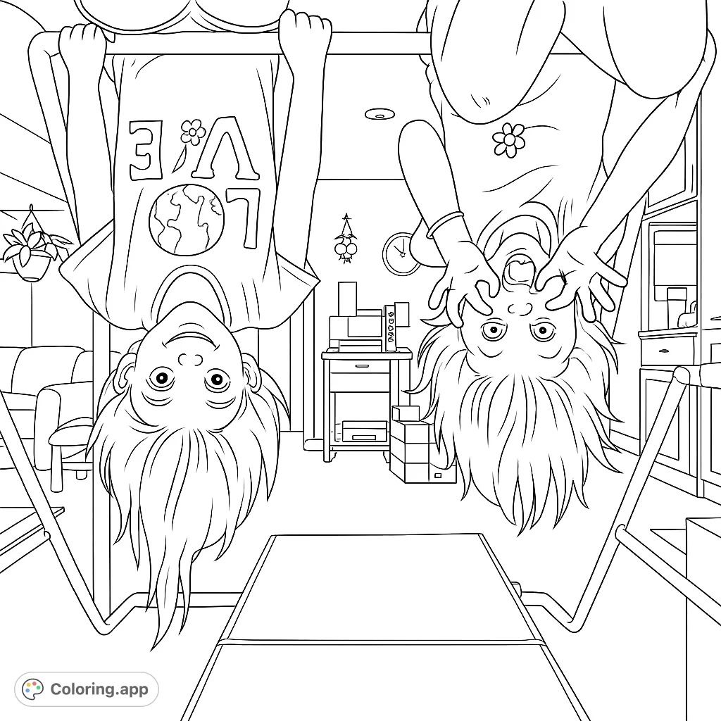 Two playful kids hang upside down from a bar in an indoor scene, one smiling, one making a funny face. A fun, free printable coloring page.