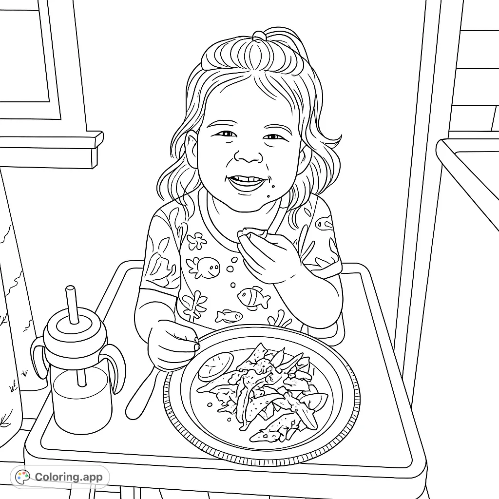 A delightful toddler enjoys a messy meal in a high chair, smiling brightly. This free printable coloring page captures everyday joy for kids and families.