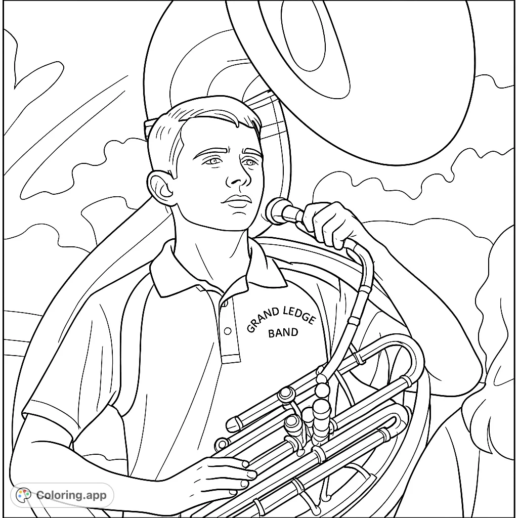 A detailed musician coloring page featuring a young man playing a large brass instrument, perfect for music lovers and band enthusiasts.